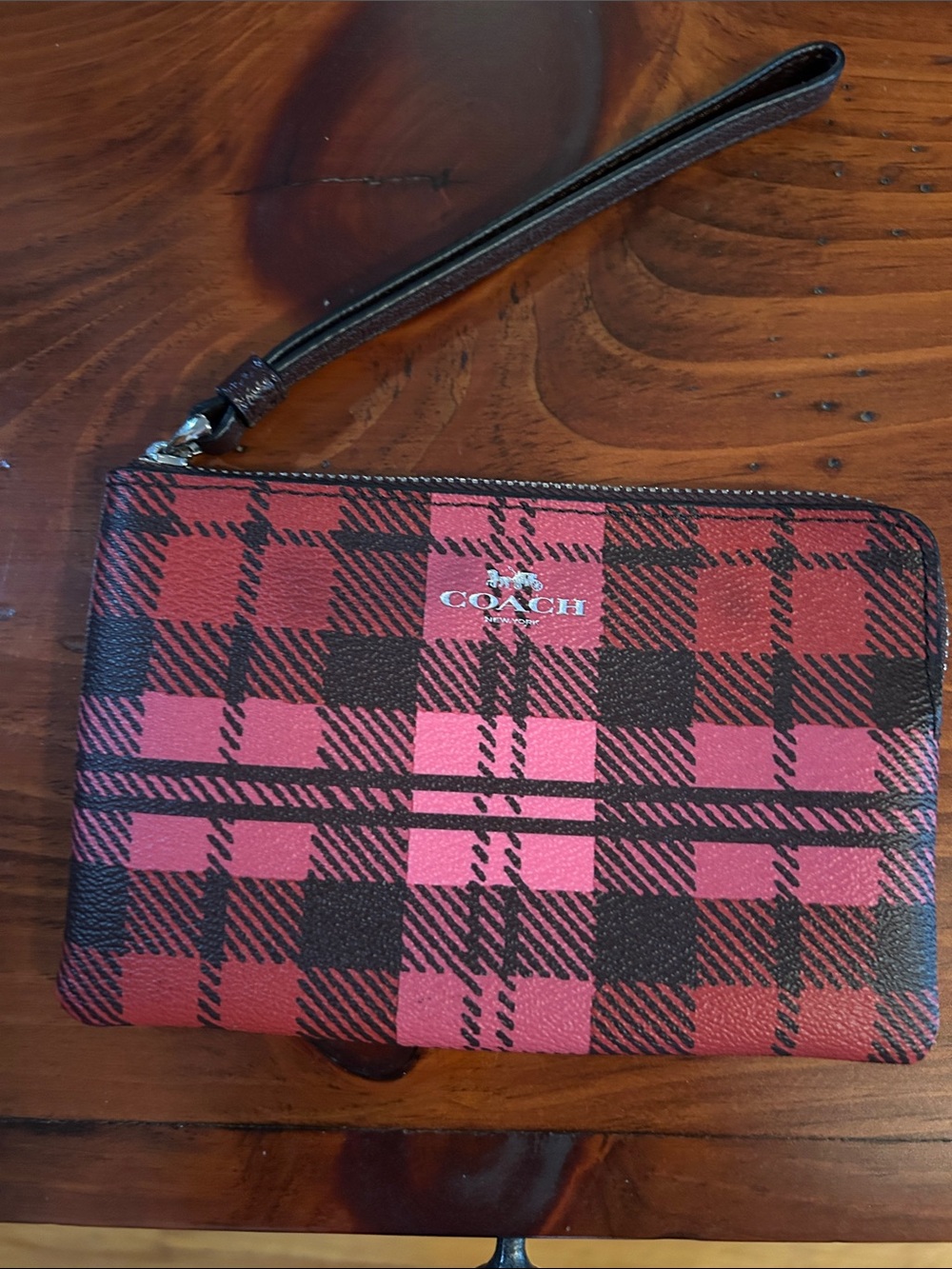 Coach Red and Black Plaid Zip Wristlet- NWOT